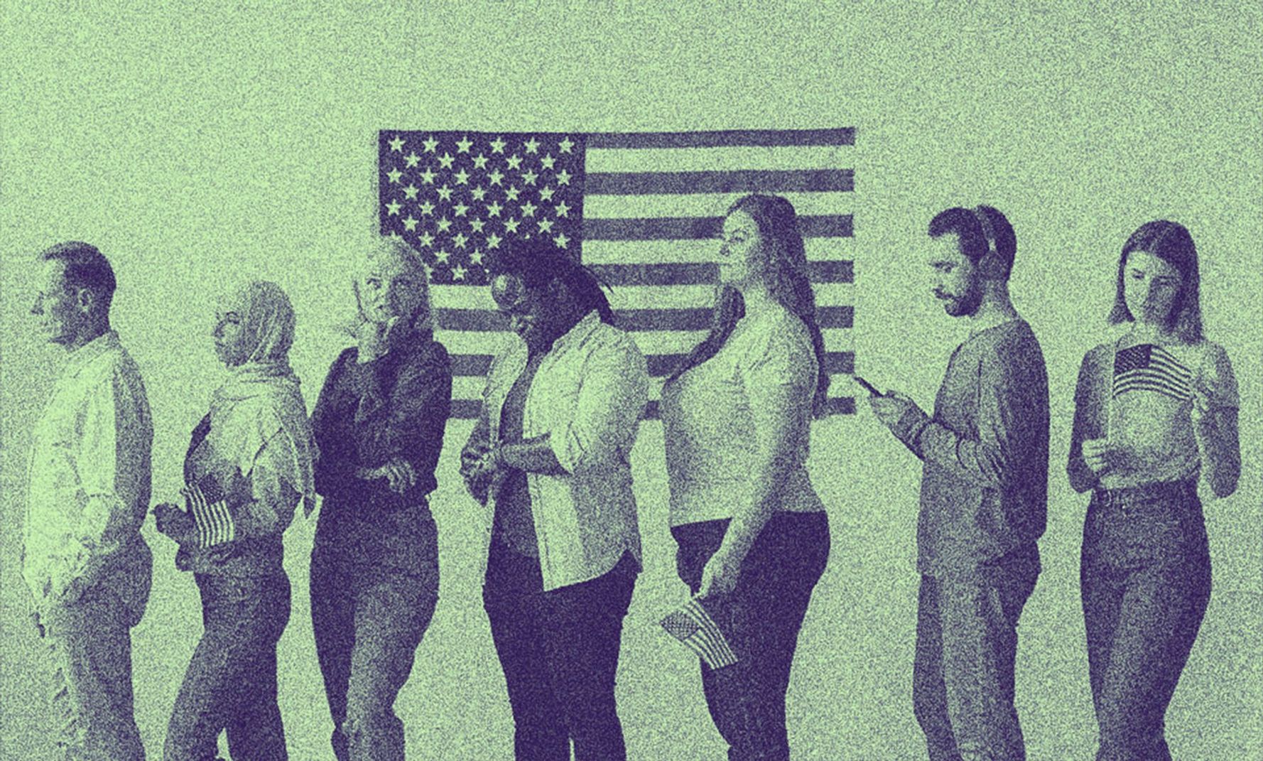 People in queue in front of a U.S. flag