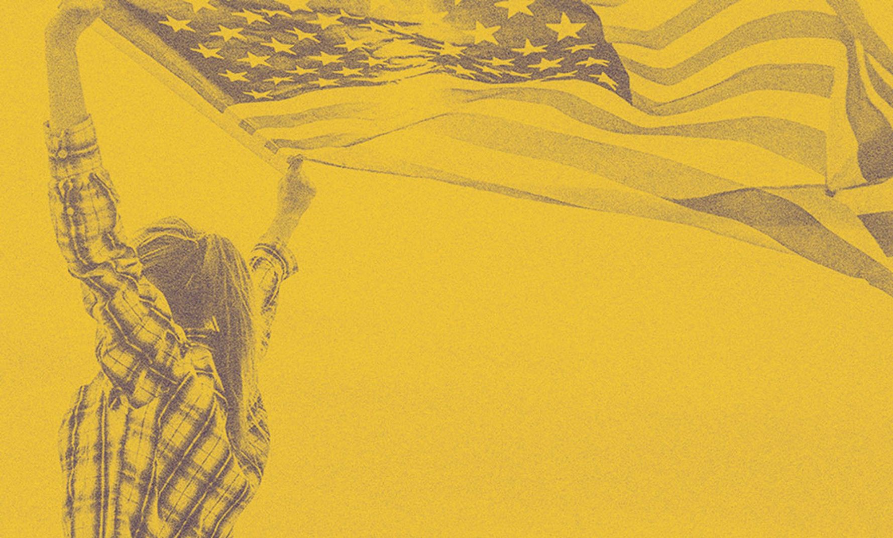 A woman lifting up the U.S. flag.