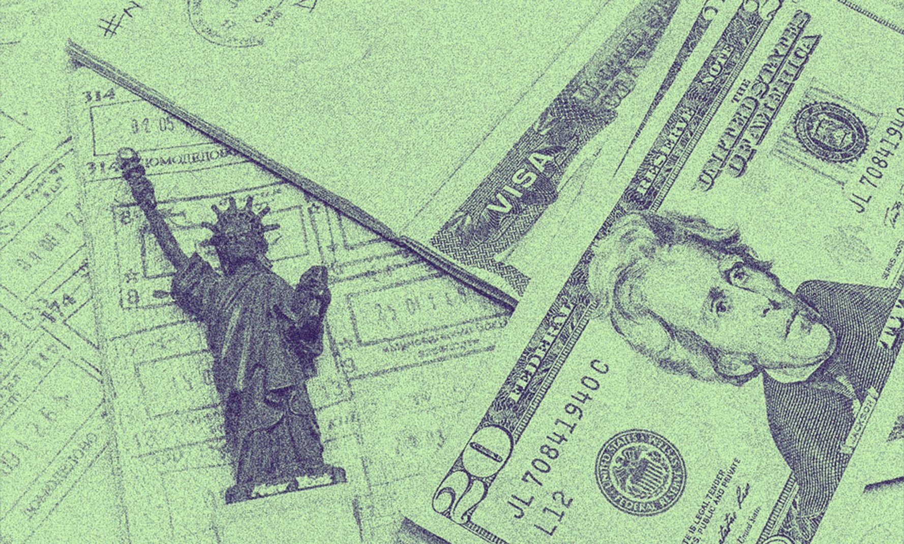 Dollars bank notes and a small model of Lady Liberty on a table.