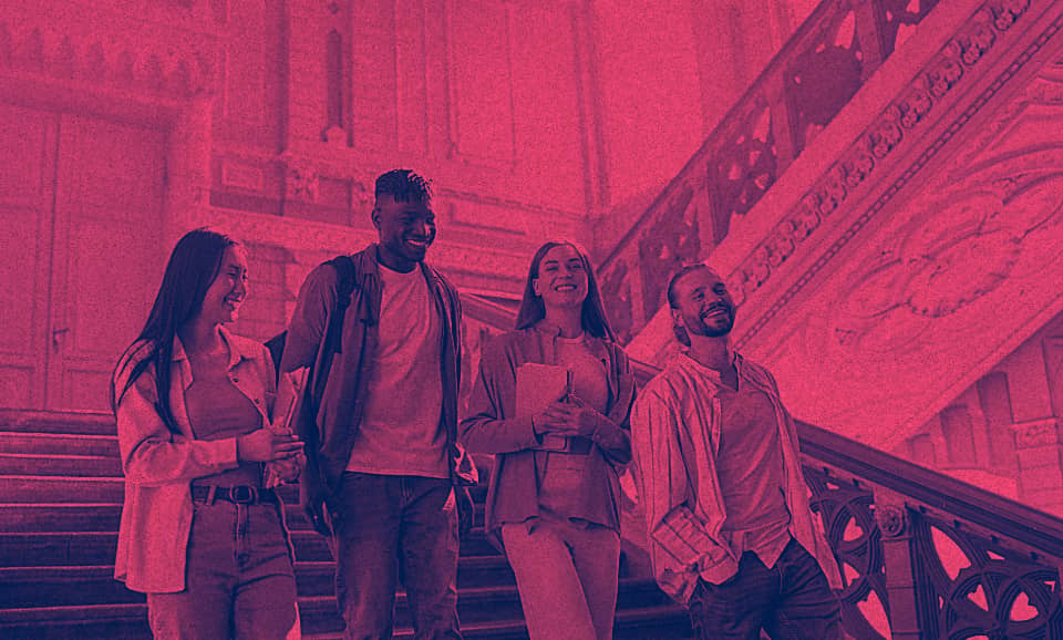 a group of students walking down the stairs
