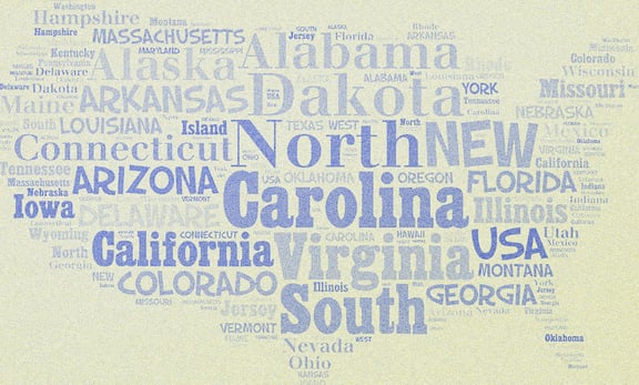 Names of various US states written on a piece of paper