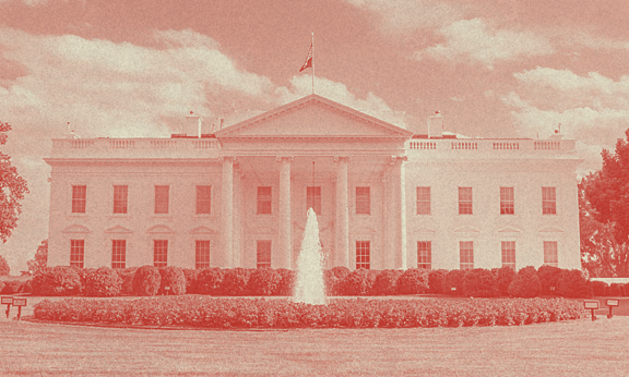 A frontal view of the White House.