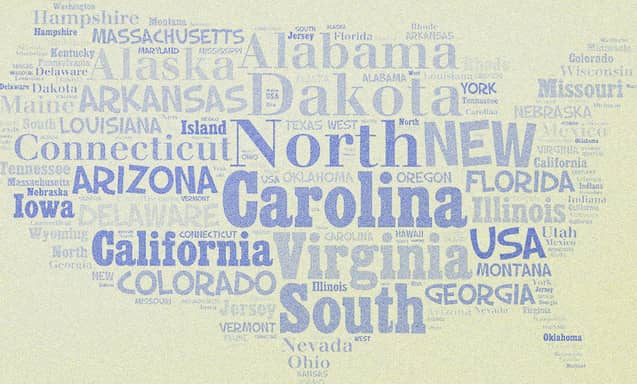 Names of various US states written on a piece of paper