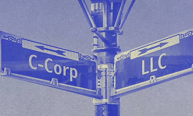Street signs with c-corp and llc written on them, showing different directions