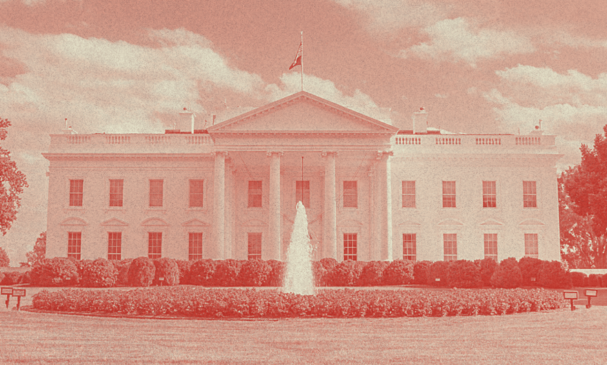 A frontal view of the White House.